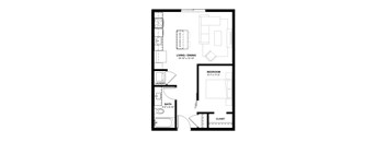 A floor plan of a small apartment with a living room, bedroom, bathroom, and laundry area.