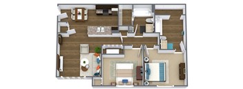 A top-down view of a living room, kitchen, and bedroom in a house.