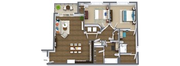 A floor plan of a house with a kitchen, living room, dining room, and bedrooms.
