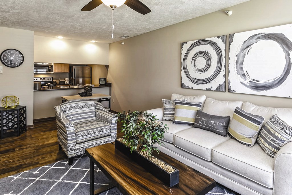 Model living room at Lakeview Park, 510 Surfside Drive, Lincoln, NE