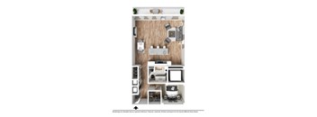 A floor plan of a small apartment with a kitchen, living room, and bedroom.