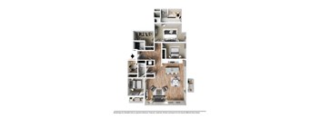 A floor plan of a house with a kitchen, living room, dining room, and bedrooms.