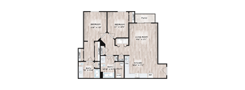 A floor plan of a house with two bedrooms, a living room, a kitchen, a bath, and a utility space.