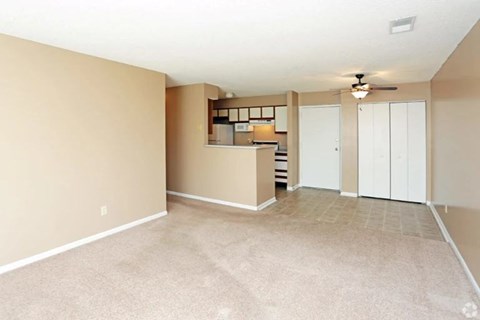 A room with a carpeted floor and a ceiling fan.