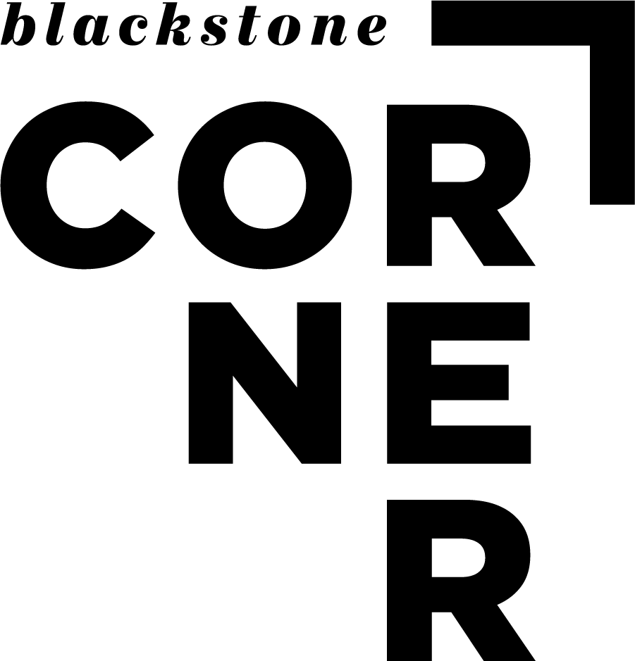 A poster with the words Blackstone Corner in bold black letters on a green background.