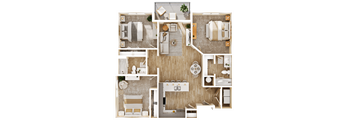 A top-down view of a house layout with a living room, kitchen, and bedrooms.