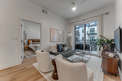 A living room with a white sofa and a grey couch.