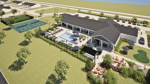 A rendering of a residential area with a pool and tennis court.