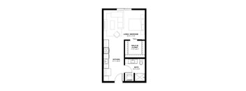 A floor plan of a small apartment with a living room, kitchen, bathroom, laundry, and walk-in closet.