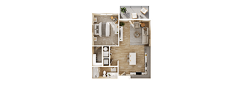 A top-down view of a well-organized, modern bathroom with a separate shower area.