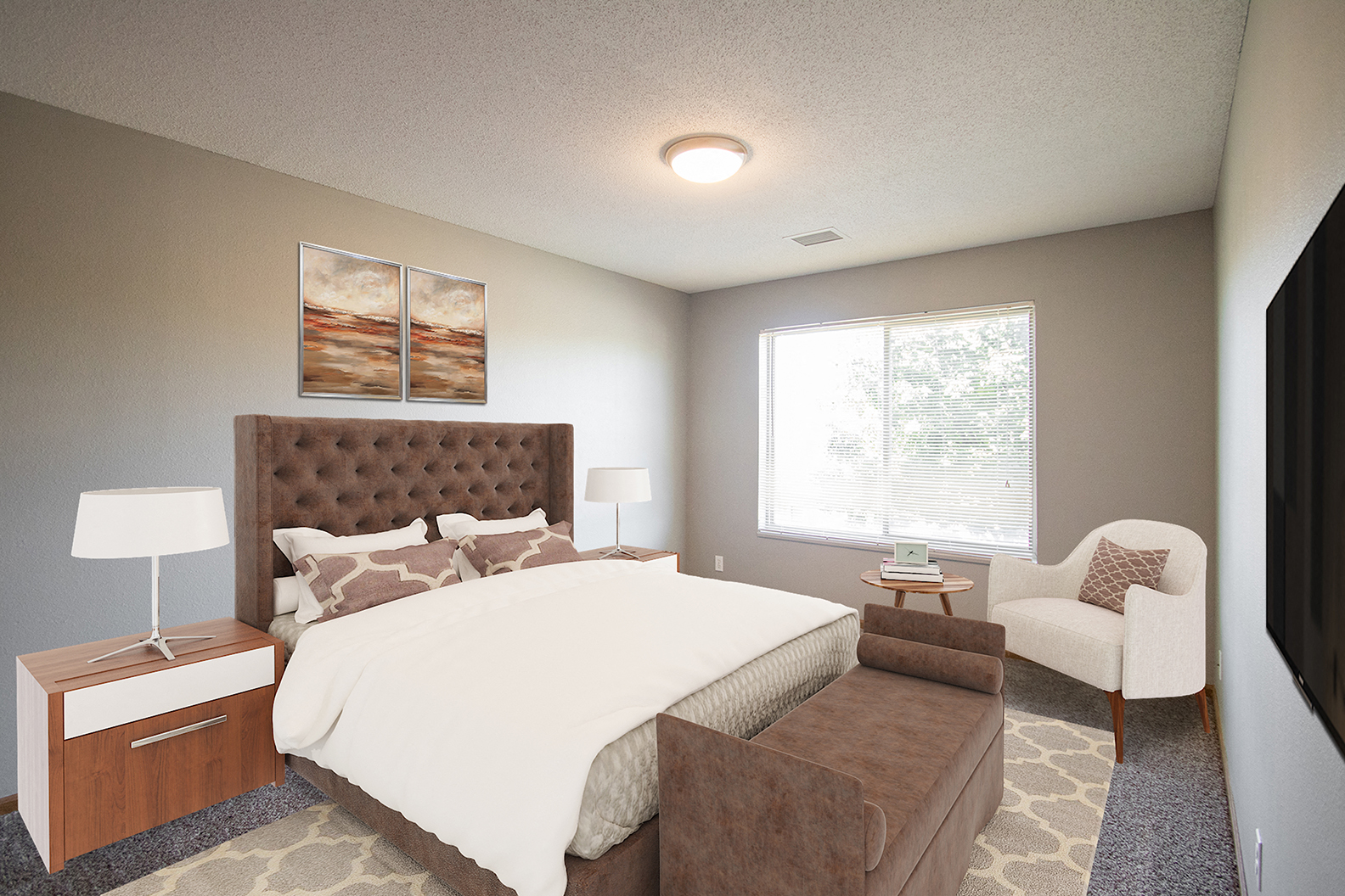 a bedroom with a bed and a chair and a window