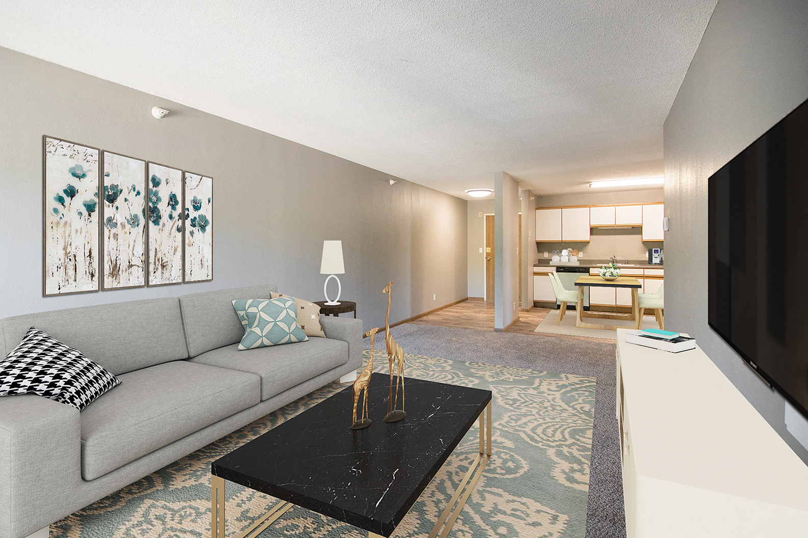 a living room with a couch and a table