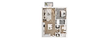 A top-down view of a small apartment with a kitchen, living room, and bathroom.