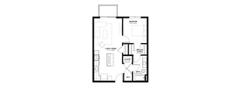 A black and white image of a floor plan for a small apartment.