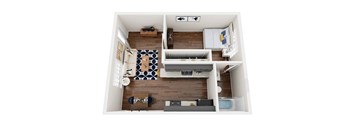 A top down view of a modern apartment with a kitchen, living room, and bedroom.