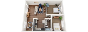 A top-down view of a modern, well-organized living space with a kitchen, dining area, and bathroom.