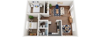A top-down view of a small apartment with a kitchen, living room, and bathroom.