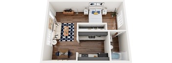 A top-down view of a modern apartment with a kitchen, living room, and bedroom.