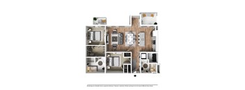 A floor plan of a house with a kitchen, living room, bedrooms and bathrooms.