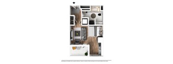 A floor plan of a modern apartment with a kitchen, living room, and bathroom.