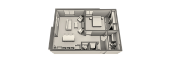 A 3D floor plan of a small apartment with a kitchen, living room, and two bedrooms.