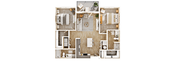 A top-down view of a modern apartment layout with a kitchen, living room, and bathroom.