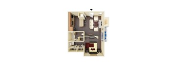 A top down view of a small apartment with a bedroom, living room, and kitchen.