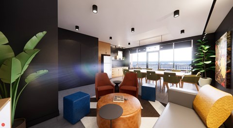 A modern living room with a large window and a variety of seating options.