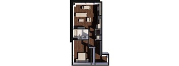 A drawing of a floor plan of a room with a kitchen area.