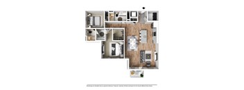 A floor plan of a house with a kitchen, living room, bedrooms and bathrooms.