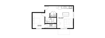 A floor plan of a small apartment with a bedroom, bathroom, laundry room, and living/dining room.