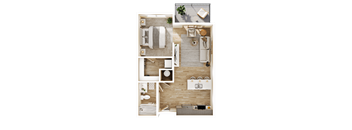 A top-down view of a small apartment layout with a kitchen, living room, and bathroom.