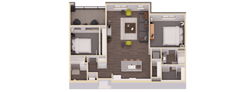 A floor plan of a house with a kitchen, living room, and two bedrooms.