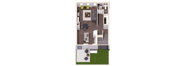 A top-down view of a house with a kitchen, living room, and bathroom.