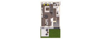 A top down view of a house with a living room, dining room, kitchen, and a lawn.