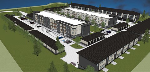 A 3D rendered image of a modern building complex with parking areas.