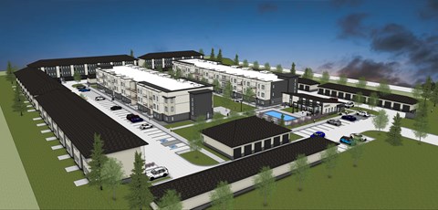 A rendering of a modern building complex with a parking lot in front.