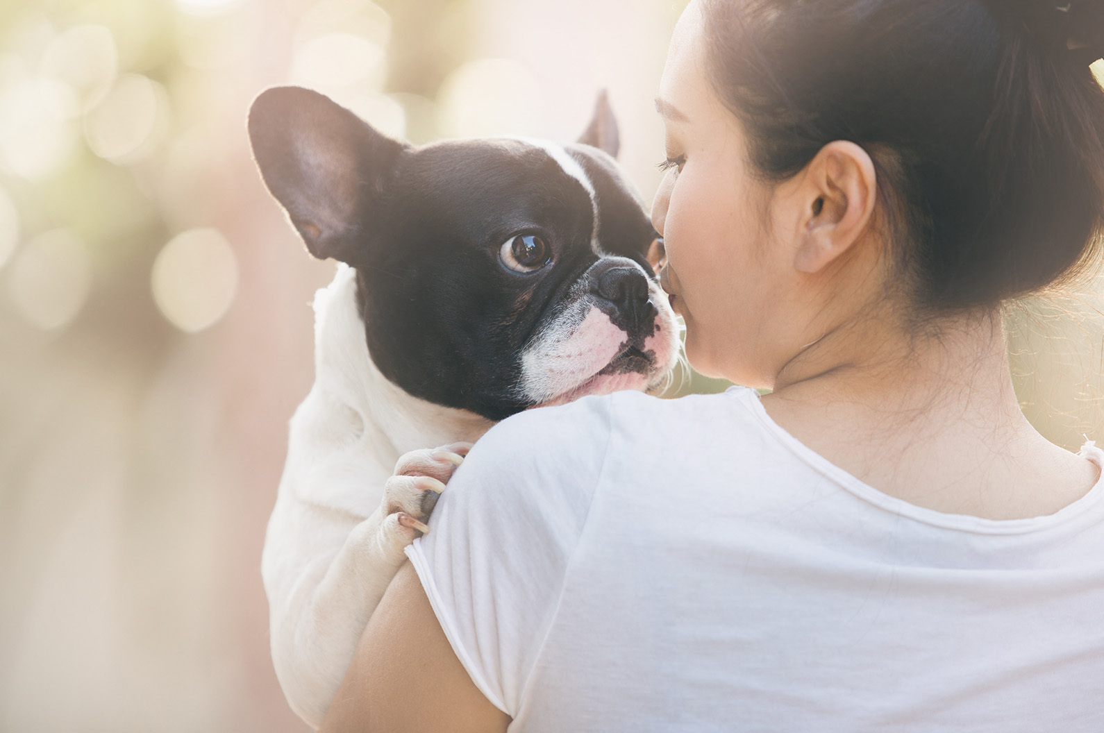 a woman holding a black and white dog in her arms