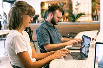 people working on laptops at a table