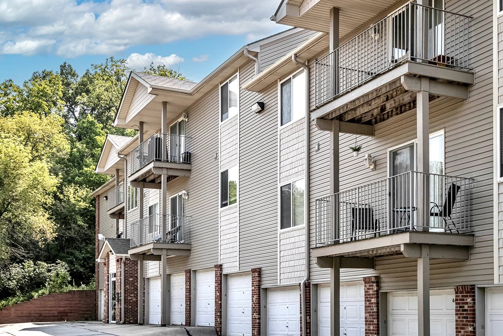 Exterior with garages  at Deer Park Apartments in Council Bluffs, IA