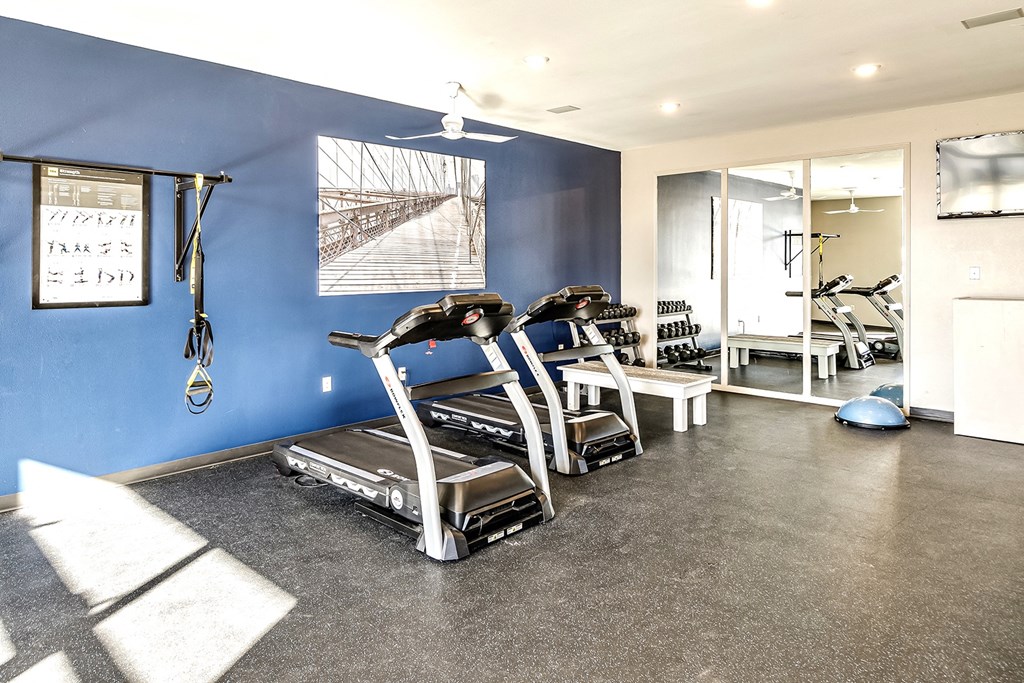 a home gym with cardio equipment and a blue wall