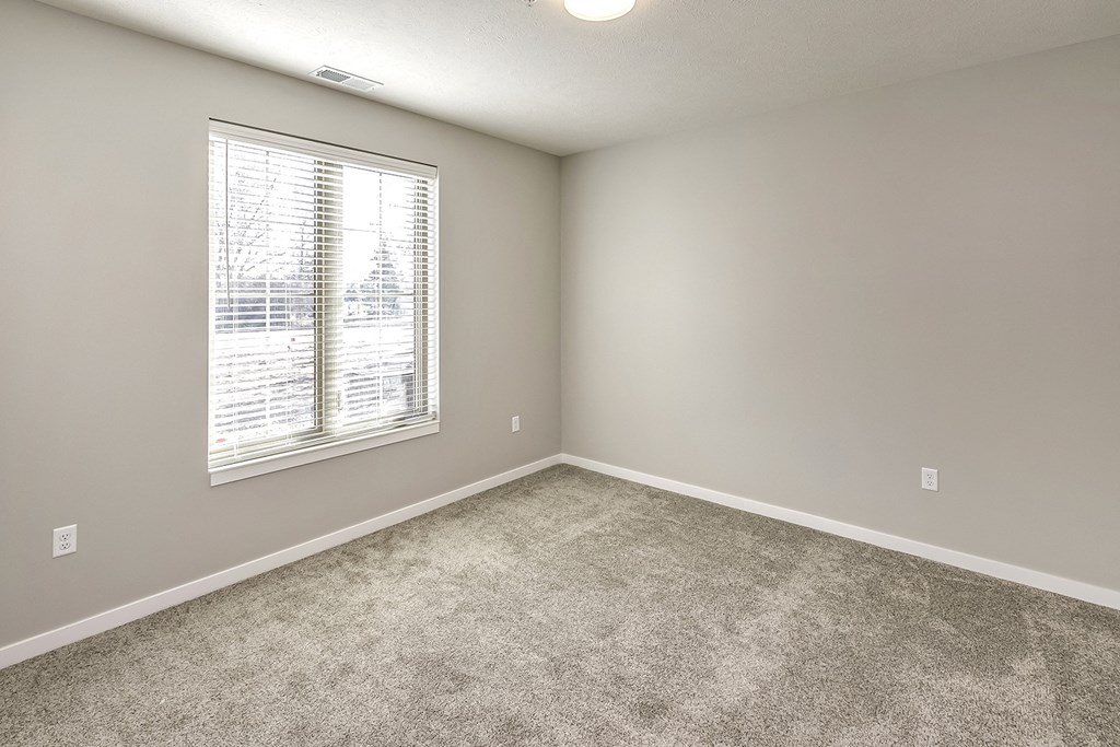 an empty room with a window and carpet