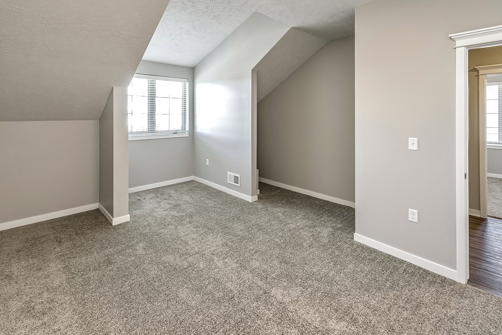 an empty room with carpet and a window