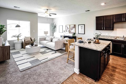 a living room with a kitchen and a couch