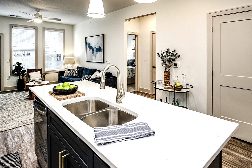 Studio, one, and two-bedroom apartment homes with stainless steel appliances, quarts countertops, designer cabinetry, large kitchens, luxury vinyl plank flooring, high vaulted ceilings, high-end lighting, in-unit washer and dryer, and energy efficient windows at Fireside at Waukee in Waukee, IA