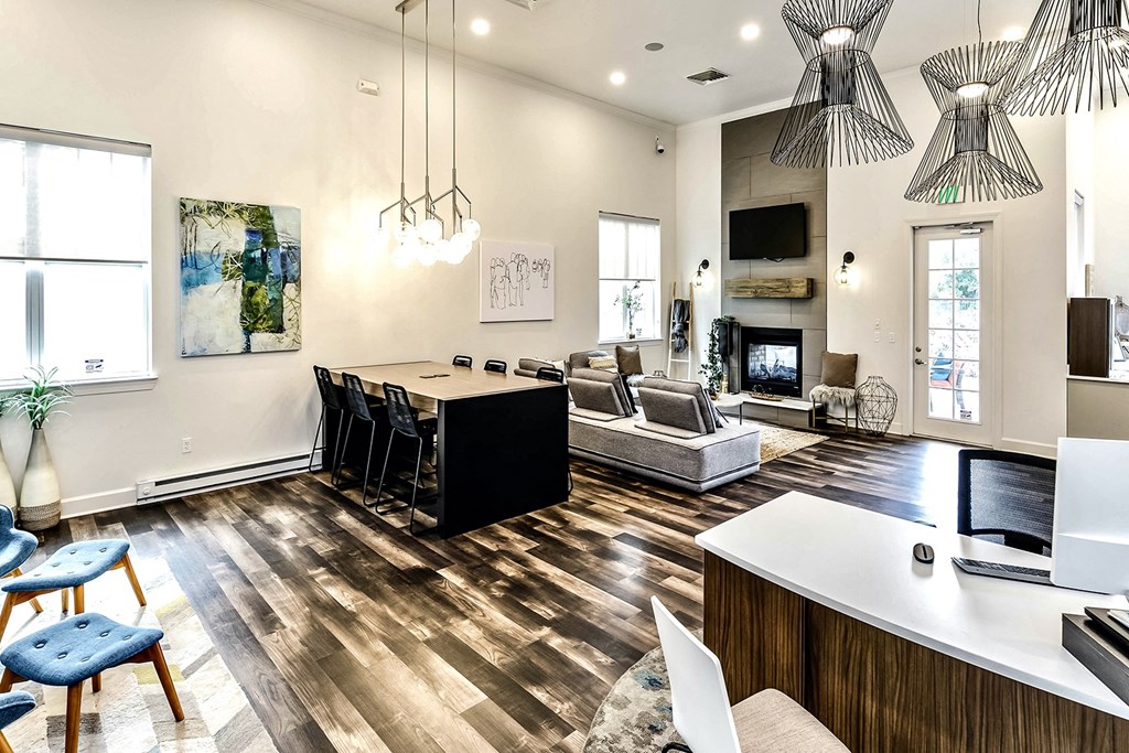 Clubhouse lounge area modern decor at Legacy Commons Apartments in Omaha, NE