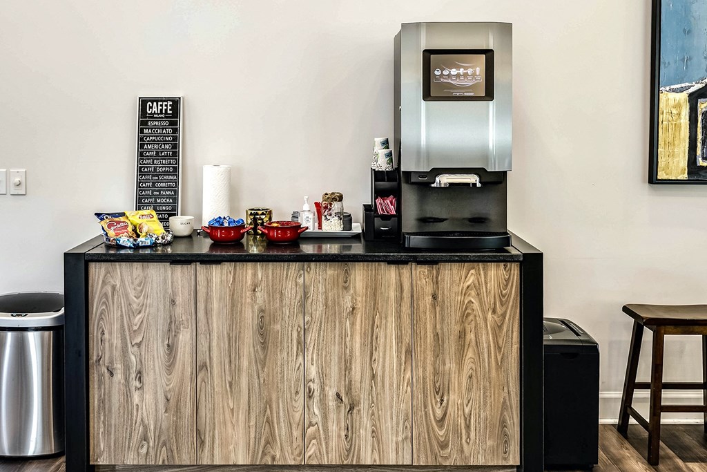 Clubhouse with coffee bar with a coffeemaker  at Legacy Commons Apartments in Omaha, NE