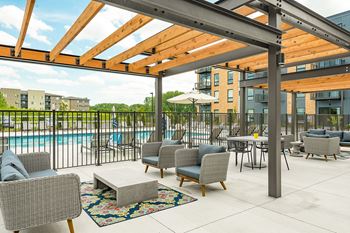The Sanctuary Deck featuring Firepit, Hammocks and Bocce Ballat The Nexus at Gray's Landing in Downtown Des Moines, NE