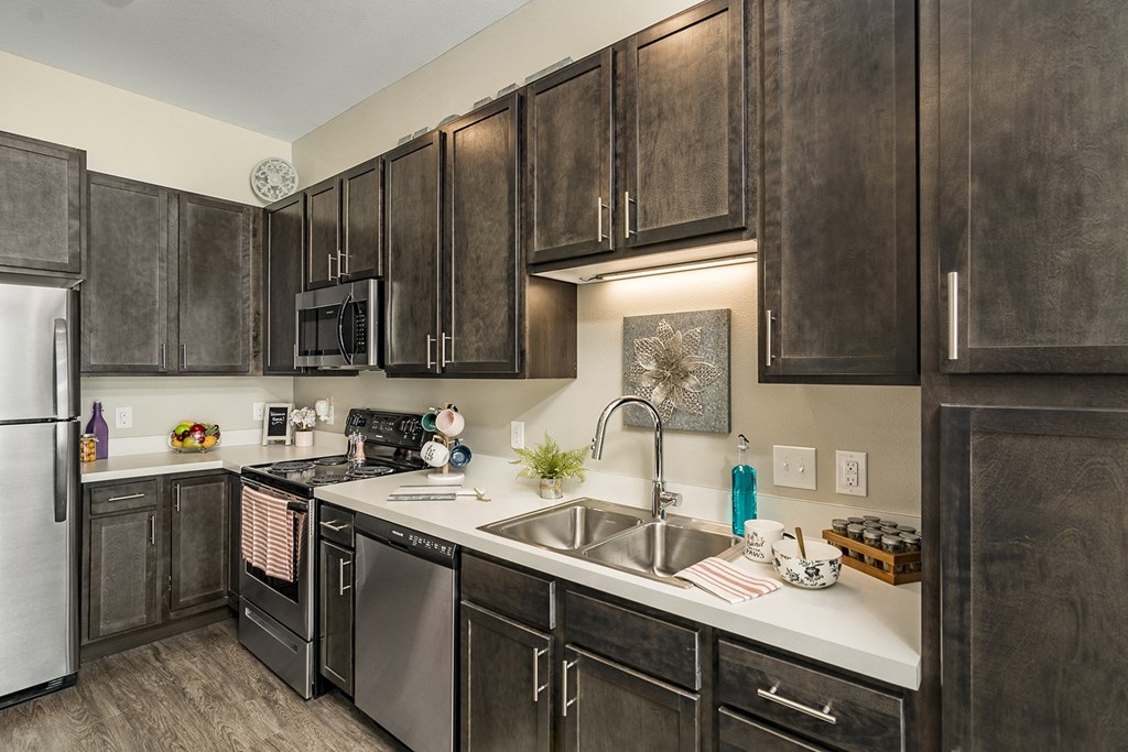 One and two bedroom hi-end apartment homes featuring Energy-Efficient Stainless Steel Appliances,  Granite Kitchen Island, dark cabinets, and much more at The Nexus at Gray's Landing in Downtown Des Moines, IA