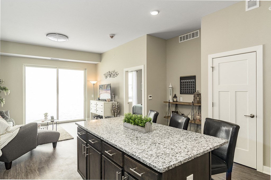 One and two bedroom hi-end apartment homes featuring Energy-Efficient Stainless Steel Appliances,  Granite Kitchen Island, dark cabinets, and much more at The Nexus at Gray's Landing in Downtown Des Moines, IA